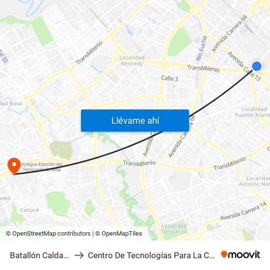 Batallón Caldas (Ak 50 - Cl 15) to Centro De Tecnologías Para La Construcción Y La Madera (Sena) map