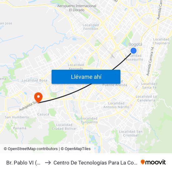 Br. Pablo VI (Ak 50 - Cl 57d) to Centro De Tecnologías Para La Construcción Y La Madera (Sena) map