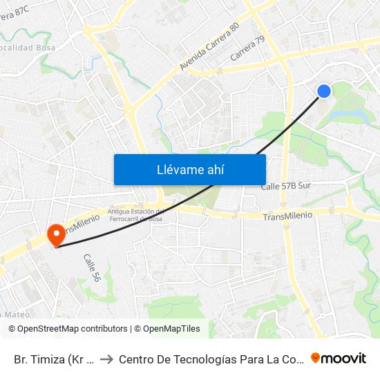Br. Timiza (Kr 74 - Cl 42 Sur) to Centro De Tecnologías Para La Construcción Y La Madera (Sena) map