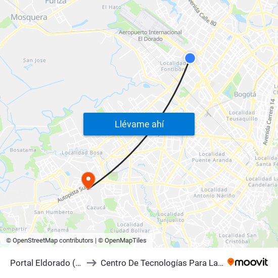 Portal Eldorado (Ac 26 - Av. C. De Cali) to Centro De Tecnologías Para La Construcción Y La Madera (Sena) map