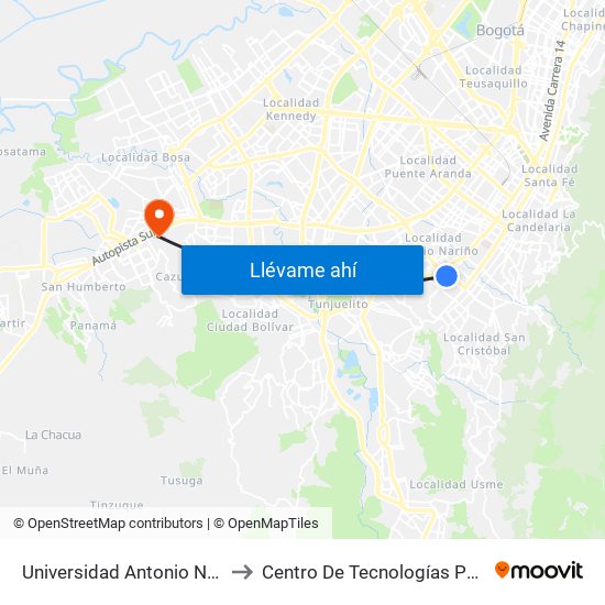 Universidad Antonio Nariño (Av. 1 De Mayo - Kr 13 Bis) (A) to Centro De Tecnologías Para La Construcción Y La Madera (Sena) map
