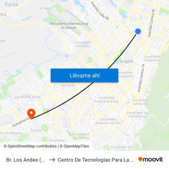 Br. Los Andes (Ac 100 - Kr 66) (B) to Centro De Tecnologías Para La Construcción Y La Madera (Sena) map