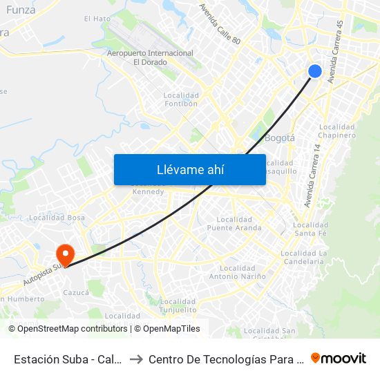 Estación Suba - Calle 100 (Ac 100 - Kr 60) (A) to Centro De Tecnologías Para La Construcción Y La Madera (Sena) map
