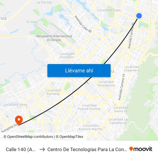Calle 140 (Ak 19 - Cl 138) to Centro De Tecnologías Para La Construcción Y La Madera (Sena) map