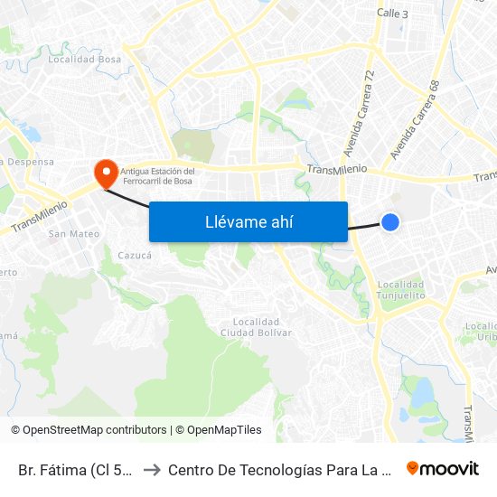 Br. Fátima (Cl 50b Sur - Kr 34) (A) to Centro De Tecnologías Para La Construcción Y La Madera (Sena) map