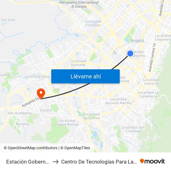 Estación Gobernación (Ak 50 - Ac 26) to Centro De Tecnologías Para La Construcción Y La Madera (Sena) map