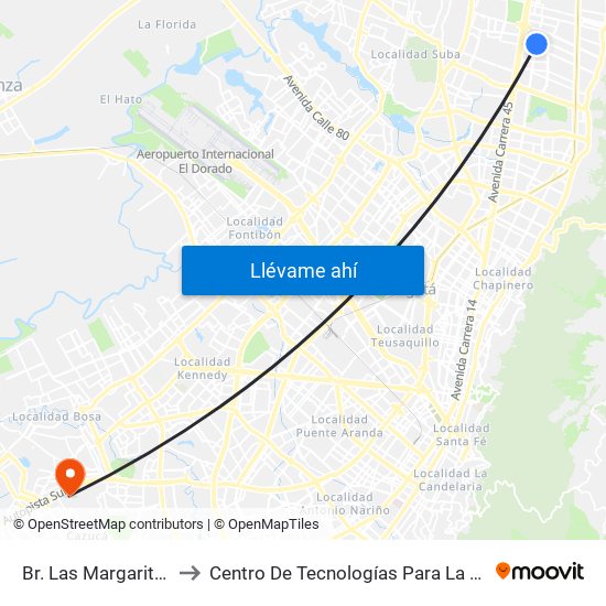 Br. Las Margaritas (Ak 19 - Cl 150) to Centro De Tecnologías Para La Construcción Y La Madera (Sena) map