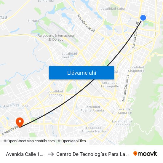 Avenida Calle 134 (Ak 19 - Ac 134) to Centro De Tecnologías Para La Construcción Y La Madera (Sena) map