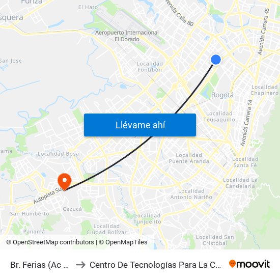 Br. Ferias (Ac 72 - Kr 68g) (A) to Centro De Tecnologías Para La Construcción Y La Madera (Sena) map