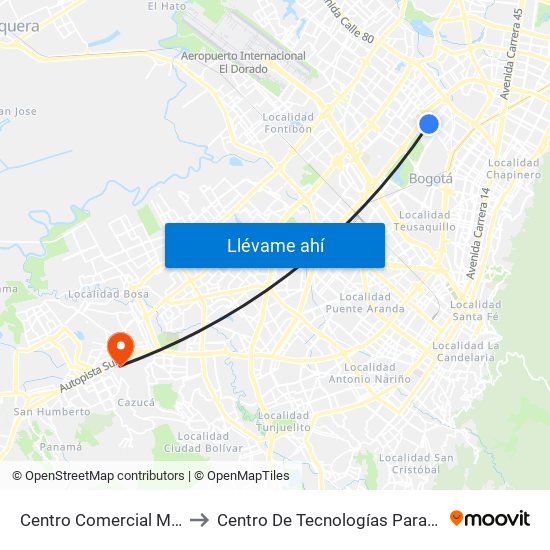 Centro Comercial Mi Placita (Ac 68 - Kr 65) (A) to Centro De Tecnologías Para La Construcción Y La Madera (Sena) map