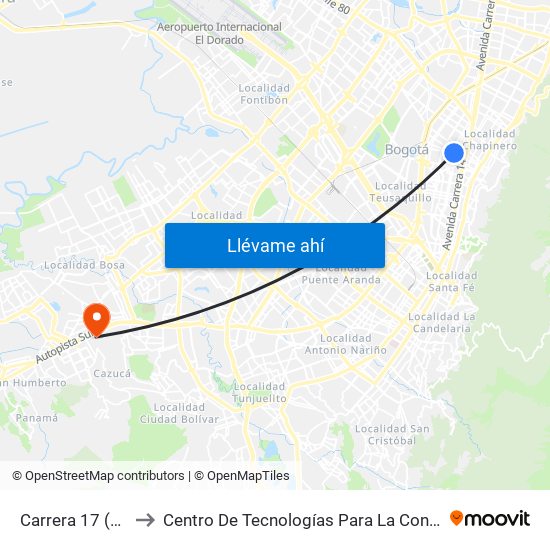 Carrera 17 (Cl 66 - Kr 17) to Centro De Tecnologías Para La Construcción Y La Madera (Sena) map