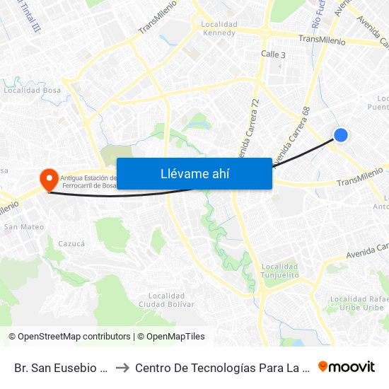 Br. San Eusebio (Ak 50 - Dg 16 Sur) to Centro De Tecnologías Para La Construcción Y La Madera (Sena) map