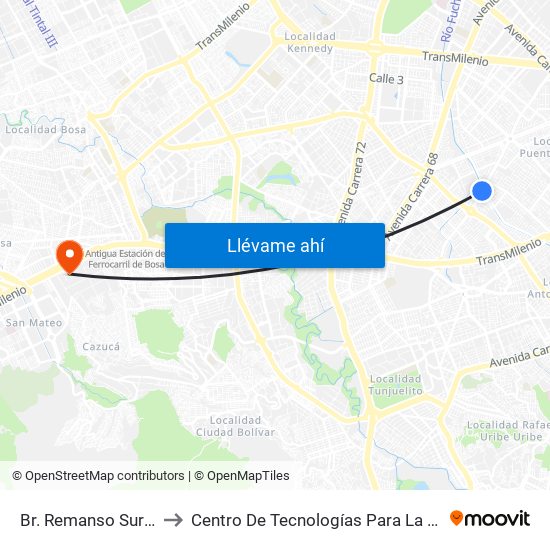 Br. Remanso Sur (Ak 50 - Cl 17 Sur) to Centro De Tecnologías Para La Construcción Y La Madera (Sena) map