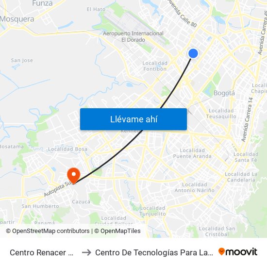 Centro Renacer Dabs (Kr 77a - Cl 64j) to Centro De Tecnologías Para La Construcción Y La Madera (Sena) map