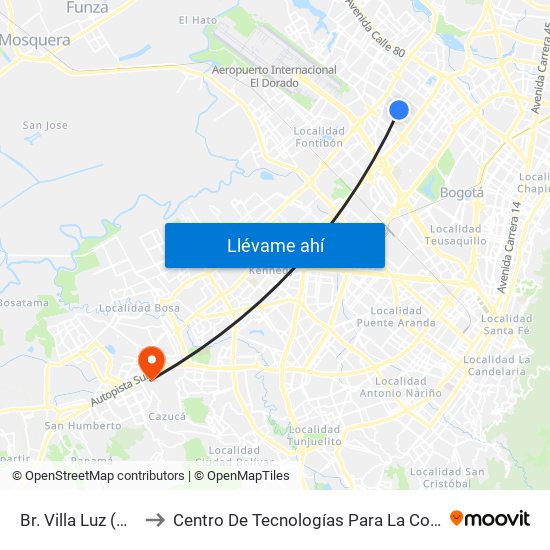 Br. Villa Luz (Kr 77a - Cl 65a) to Centro De Tecnologías Para La Construcción Y La Madera (Sena) map