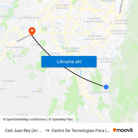 Ced Juan Rey (Av. Circunvalar - Cl 70 Sur) to Centro De Tecnologías Para La Construcción Y La Madera (Sena) map