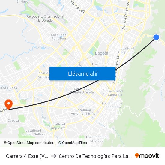 Carrera 4 Este (Vía La Calera Km 4,5) to Centro De Tecnologías Para La Construcción Y La Madera (Sena) map