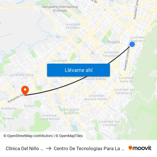 Clínica Del Niño (Ak 11 - Cl 67) (A) to Centro De Tecnologías Para La Construcción Y La Madera (Sena) map
