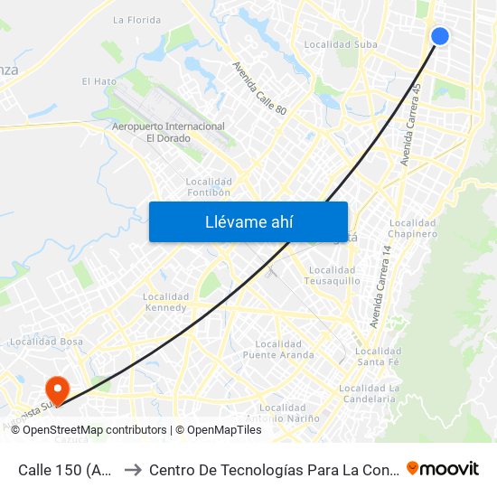 Calle 150 (Ak 19 - Cl 150) to Centro De Tecnologías Para La Construcción Y La Madera (Sena) map