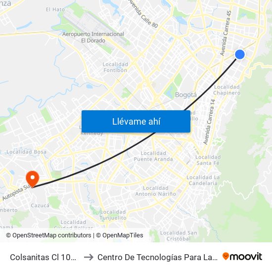Colsanitas Cl 100 (Ac 100 - Kr 14) (C) to Centro De Tecnologías Para La Construcción Y La Madera (Sena) map