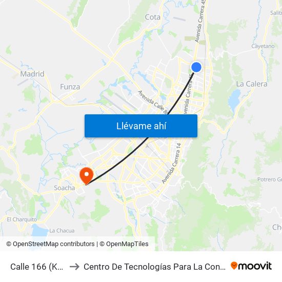 Calle 166 (Kr 20 - Cl 166) to Centro De Tecnologías Para La Construcción Y La Madera (Sena) map