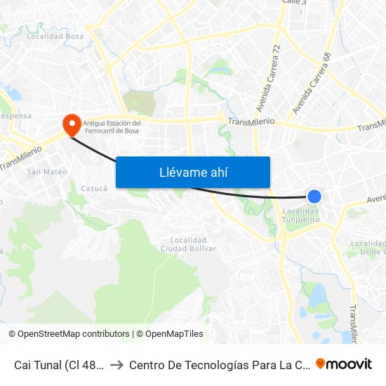 Cai Tunal (Cl 48b Sur - Kr 24) (A) to Centro De Tecnologías Para La Construcción Y La Madera (Sena) map