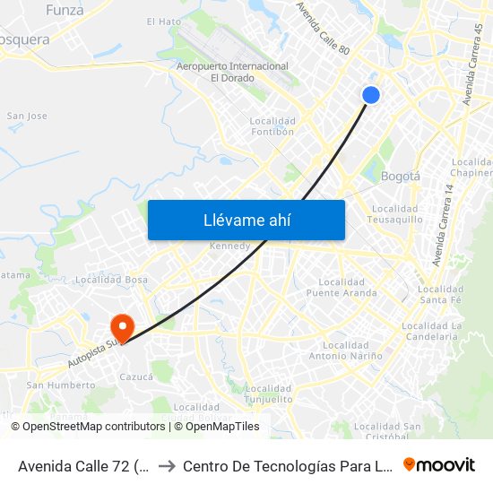 Avenida Calle 72 (Av. Boyacá - Ac 72) (A) to Centro De Tecnologías Para La Construcción Y La Madera (Sena) map