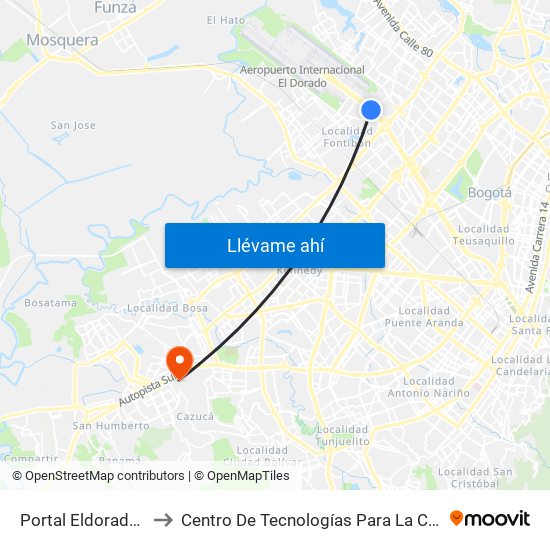 Portal Eldorado (Ac 26 - Ak 96) to Centro De Tecnologías Para La Construcción Y La Madera (Sena) map