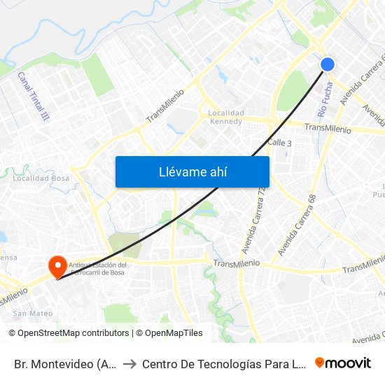 Br. Montevideo (Av. Centenario - Kr 68b) to Centro De Tecnologías Para La Construcción Y La Madera (Sena) map