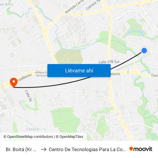 Br. Boitá (Kr 72j - Cl 47 Sur) to Centro De Tecnologías Para La Construcción Y La Madera (Sena) map
