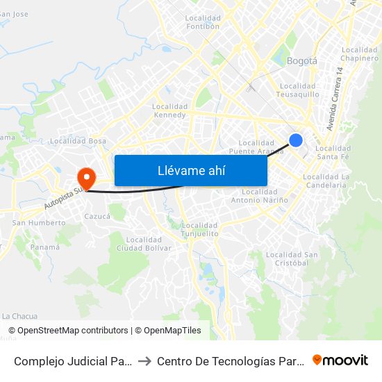 Complejo Judicial Paloquemao (Ac 19 - Kr 28a) (A) to Centro De Tecnologías Para La Construcción Y La Madera (Sena) map