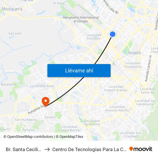 Br. Santa Cecilia (Kr 77a - Cl 55) to Centro De Tecnologías Para La Construcción Y La Madera (Sena) map