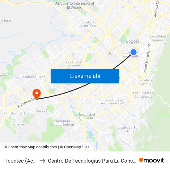 Icontec (Ac 53 - Kr 37) to Centro De Tecnologías Para La Construcción Y La Madera (Sena) map