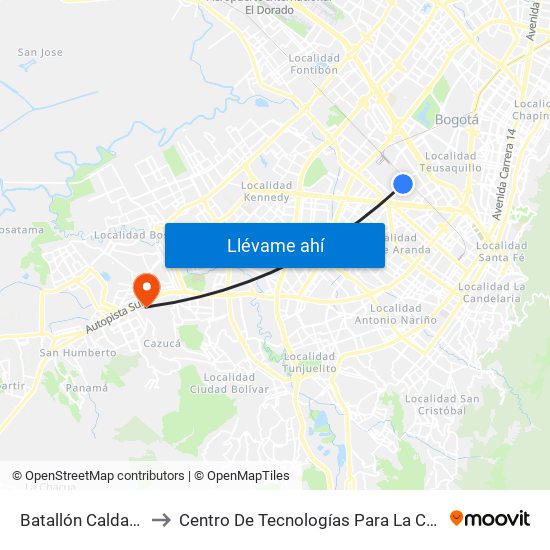 Batallón Caldas (Ak 50 - Cl 19) to Centro De Tecnologías Para La Construcción Y La Madera (Sena) map