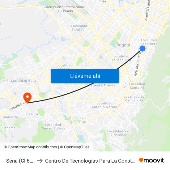 Sena (Cl 66 - Ak 11) to Centro De Tecnologías Para La Construcción Y La Madera (Sena) map