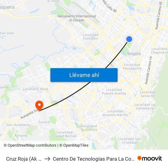 Cruz Roja (Ak 68 - Ac 66) (A) to Centro De Tecnologías Para La Construcción Y La Madera (Sena) map