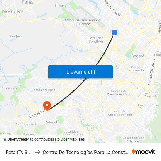 Feta (Tv 85 - Cl 64a) to Centro De Tecnologías Para La Construcción Y La Madera (Sena) map