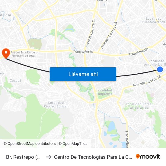 Br. Restrepo (Kr 20 - Cl 18 Sur) to Centro De Tecnologías Para La Construcción Y La Madera (Sena) map