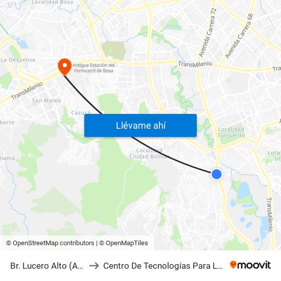 Br. Lucero Alto (Av. Boyacá - Kr 18q) (A) to Centro De Tecnologías Para La Construcción Y La Madera (Sena) map