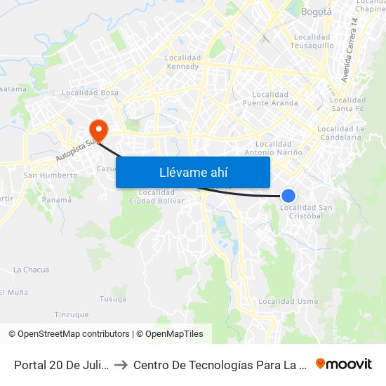 Portal 20 De Julio (Kr 5 - Cl 31 Sur) to Centro De Tecnologías Para La Construcción Y La Madera (Sena) map