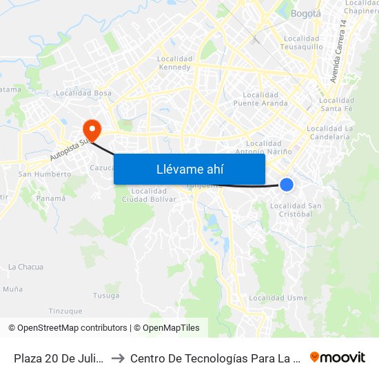 Plaza 20 De Julio (Kr 6 - Cl 24 Sur) to Centro De Tecnologías Para La Construcción Y La Madera (Sena) map