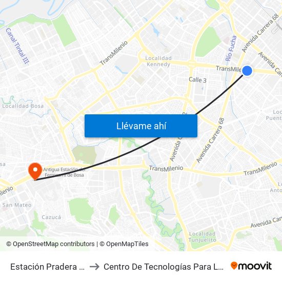 Estación Pradera (Av. Américas - Kr 65) to Centro De Tecnologías Para La Construcción Y La Madera (Sena) map