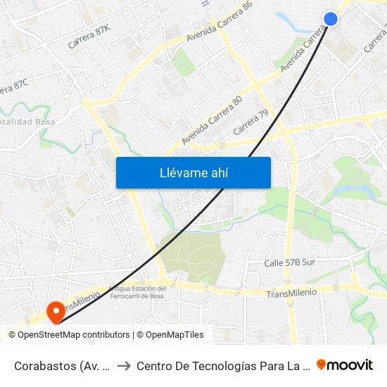 Corabastos (Av. A. Mejía - Cl 36 Sur) to Centro De Tecnologías Para La Construcción Y La Madera (Sena) map