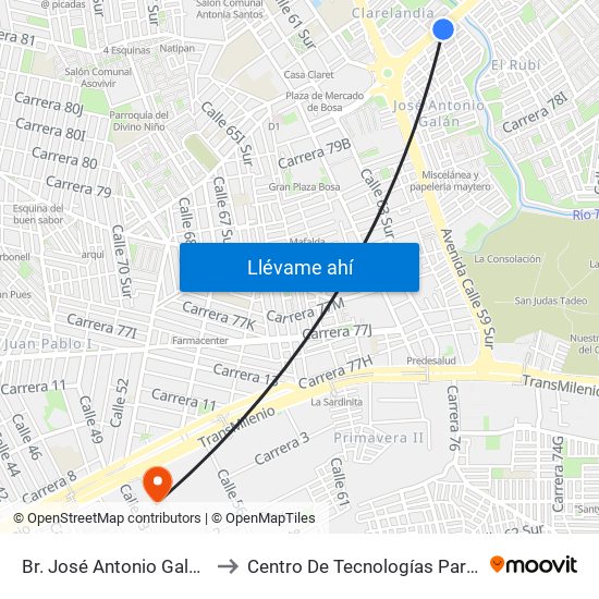 Br. José Antonio Galán (Av. A. Mejía - Cl 58k Sur) (A) to Centro De Tecnologías Para La Construcción Y La Madera (Sena) map