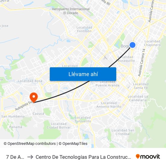 7 De Agosto to Centro De Tecnologías Para La Construcción Y La Madera (Sena) map