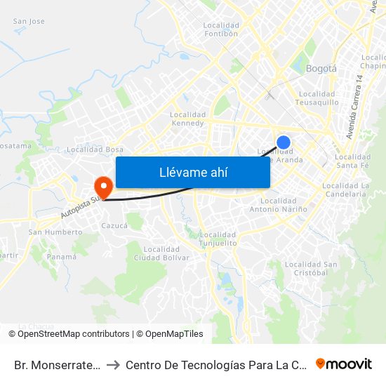 Br. Monserrate (Tv 42 - Cl 11a) to Centro De Tecnologías Para La Construcción Y La Madera (Sena) map