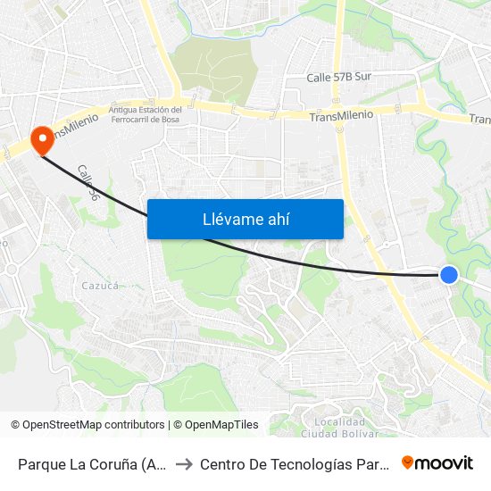 Parque La Coruña (Av. J. Gaitán C. - Cl 58a Sur) (A) to Centro De Tecnologías Para La Construcción Y La Madera (Sena) map