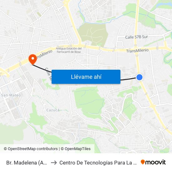 Br. Madelena (Av. V/cio - Cl 63 Sur) to Centro De Tecnologías Para La Construcción Y La Madera (Sena) map