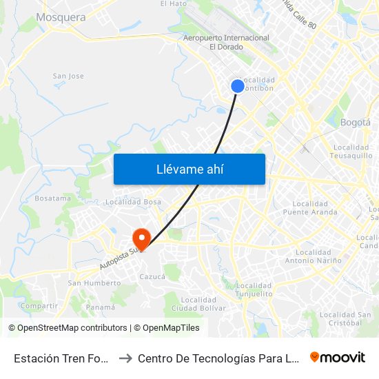 Estación Tren Fontibón (Kr 99 - Cl 20c) to Centro De Tecnologías Para La Construcción Y La Madera (Sena) map