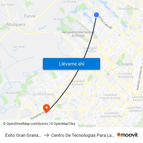 Éxito Gran Granada (Cl 78b - Kr 114a) to Centro De Tecnologías Para La Construcción Y La Madera (Sena) map